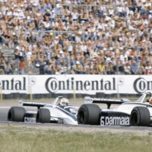 Hockenheim, Germany. 31 July-2 August 1981: Hector Rebaque leads Nelson Piquet. They finished in 4th and 1st positions respectively