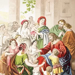 Jesus Blessing Little Children. Suffer The Little Children To Come Unto Me. From The Holy Bible Published By William Collins, Sons, & Company In 1869. Chromolithograph By J. M. Kronheim & Co