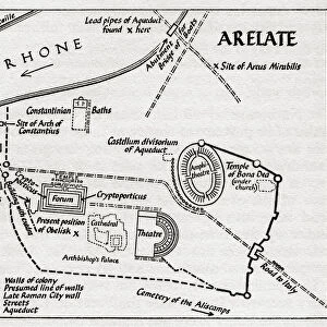 Layout of the ancient Gallo-Roman town Arelate (Arles), showing the Forum, Theatre and Temple of Bona Dea. After an illustration by Edgar Holloway