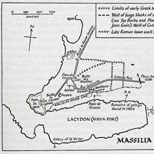 Layout of the ancient Gallo-Roman town Massilia, (Marseilles) showing the old Phocaean harbour, the Lacydon. After an illustration by Edgar Holloway