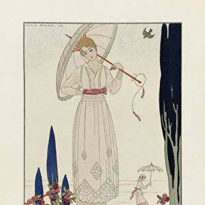 Le Cypres et la Rose. The Cypress and the Rose. Robe d ete de Georges Doeuillet. Summer dress by Georges Doeuillet. Art-deco fashion illustration by French artist George Barbier, 1882-1932. The work was created for the Gazette du Bon Ton, a Parisian fashion magazine published between 1912-1915 and 1919-1925