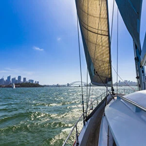 Looking forward to the CBD of Sydney from a sailboat in the Sydney Harbour in Sydney, New South Wales, Australia