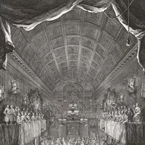 The marriage in 1734 of Anna, Princess Royal and Princess of Orange to William IV, Prince of Orange in the Chapel Royal at St. Jamess Palace, London, England. Anna, Princess Royal, 1709 - 1759, daughter of King George II of England. William IV, Prince of Orange, 1711 -1751, son of John William Friso, Prince of Orange. After an 18th century print by Jacques Rigaud from a work by William Kent