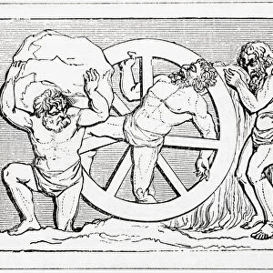 Sisyphus, Ixion and Tantalus. Sisyphus or Sisyphos, founder and king of Ephyra, punished for cheating death twice by being made to roll a huge boulder up a hill only for it to roll down every time it neared the top, repeating this action for eternity. Ixion, king of the Lapiths bound to a winged fiery wheel that was always spinning. Tantalus, aka Atys, Greek mythological figure made to stand in a pool of water beneath a fruit tree with low branches, with the fruit ever eluding his grasp, and the water always receding before he could take a drink. From A Popular History of Greece, published 1887