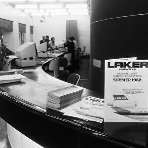 A 1982 Laker brochure stands on the counter of an empty booking office at Victoria