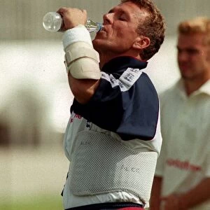 Alec Stewart Engalnd cricket captain has a drink July 1998 during net practice for