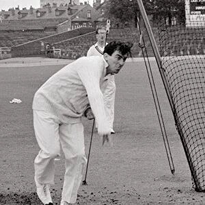 Fred Trueman in training for the Test match Trying out his injured foot at