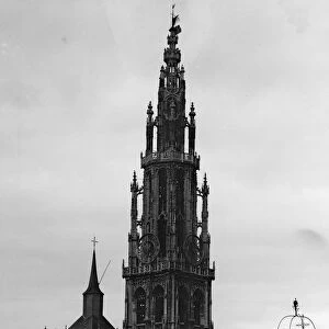 German Bombardment of Antwerp October 1914 Antwerp Cathedral flying the flag of