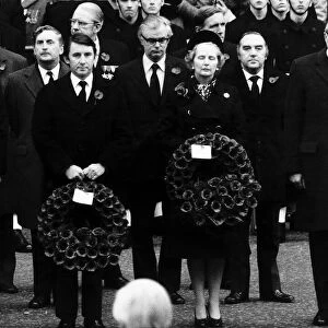 James Callaghan with Dr David Steel and Margaret Thatcher all holding wreaths during