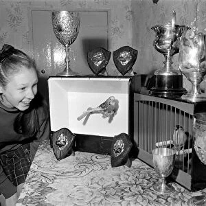 Linda Lloyd with her prize winning 8 month old pied Budgie and the 3 year old bull Finch