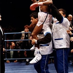 Nigel Benn at the end of his second fight with Chris Eubank at Old Trafford the fight