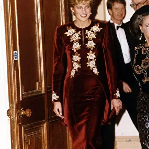 Princess Diana arrives for the Nutcracker ballet. She is wearing a burgundy velvet