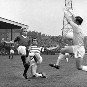 Rangers v. Celtic. Rangers Dave Wilson is denied by Celtic keeper Ronnie Simpson as