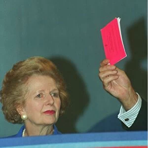 Red card for Margaret Thatcher Pictured in 1993 at the Conservative Conference in