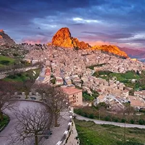 Caltabellotta, Sicily, Italy. Cityscape image if historic town Caltabellotta in Sicily at dramatic sunset