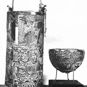An Oriental-style situla and a silver cup from the Regolini Galassi Tomb, in the Gregorian Etruscan Museum at the Vatican Museums, Vatican City