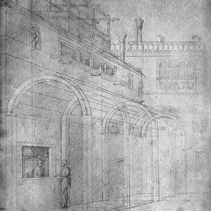 Perspective study with figures. Drawing by Jacopo Bellini in the British Museum in London