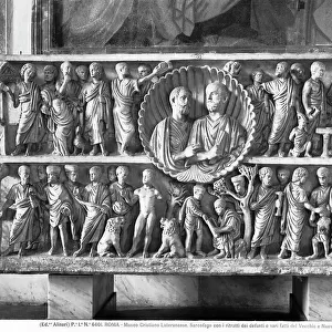 Sarcophagus with the portraits of the dead and stories of the Old and New Testament, marble, Late imperial Roman art, Lateran Museum, Rome. Today in Gregoriano Profano Museum (formerly Lateran Museum), Vatican Museums, Vatican City