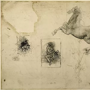 Two sketches of Leda and a rearing horse in pencil drawing retraced in pen, by Leonardo da Vinci, preserved in Windsor, Royal Library