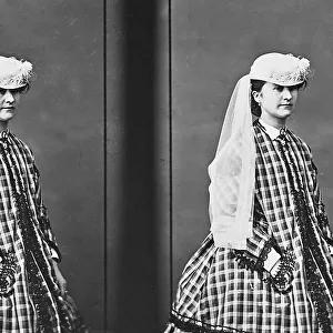Stereoscopic photograph portraying a young woman in nineteenth century costume