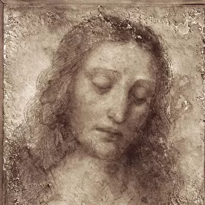 Wall painting of the face of Christ by Leonardo da Vinci carried out as a preparatory study for the Last Supper in Santa Maria delle Grazie in Milan