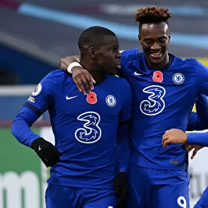 BURNLEY, ENGLAND - OCTOBER 31: Kurt Zouma of Chelsea celebrates with teammate Tammy Abraham after scoring his teams