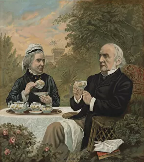 William Ewart Gladstone, British Liberal politician and Prime Minister, taking tea with his wife Harriet, 1891 (colour litho)